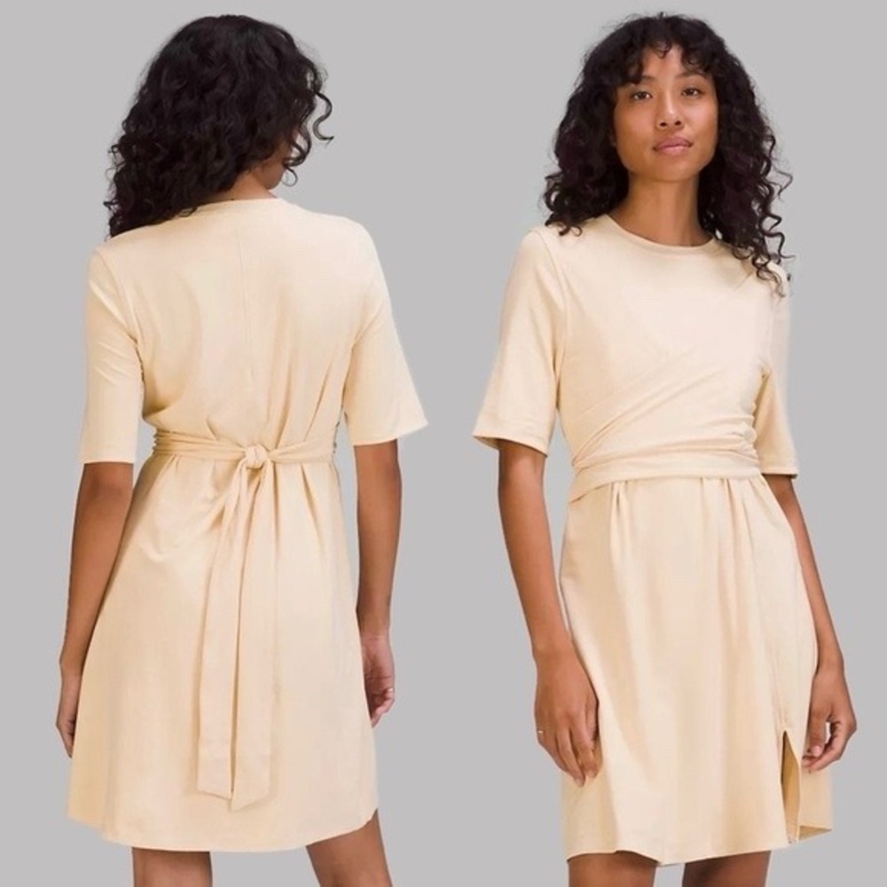 Lululemon‎ Cotton Wrap-Front T-Shirt Dress Prosecco Beige Size 8